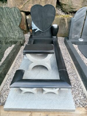 Black Granite Heart With Railings & Bench Headstone